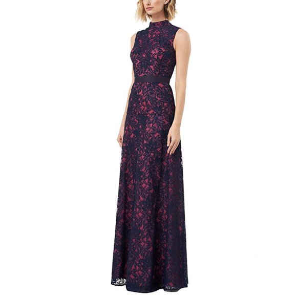 NEW Kay Unger Floral Lace Mock Neck Fit Flare Gown - Picture 2 of 8